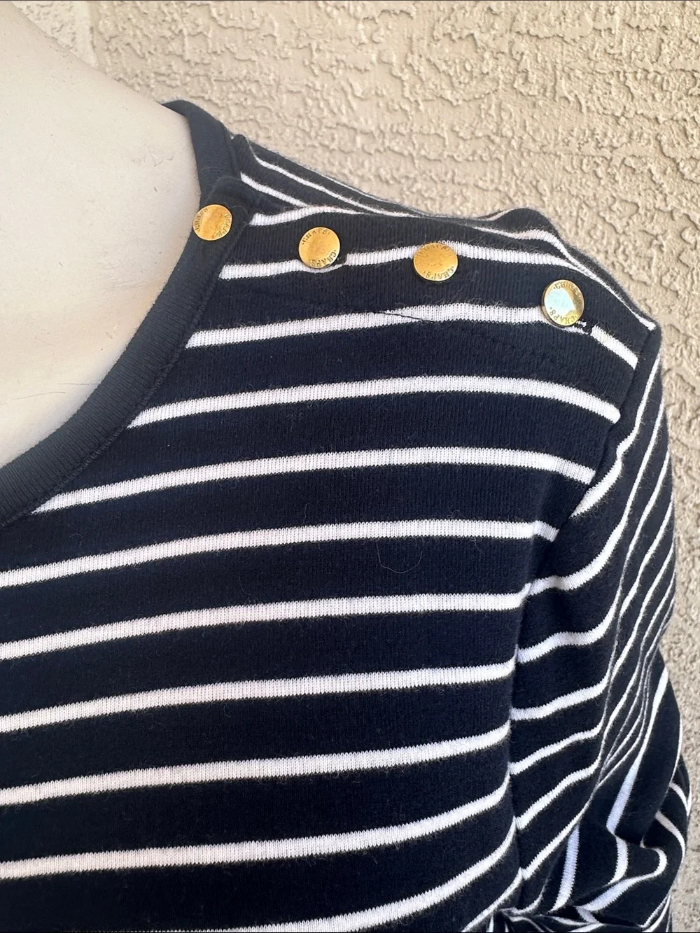 Navy & White Striped Long-Sleeve Top with Shoulder Buttons - Picture 2 of 9